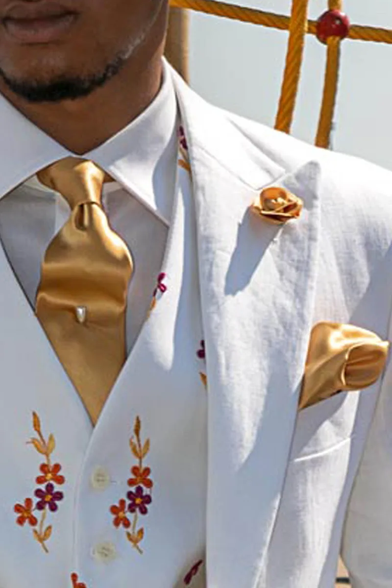 Abito da cerimonia in puro lino bianco stile hipster con gilet ricamato 3