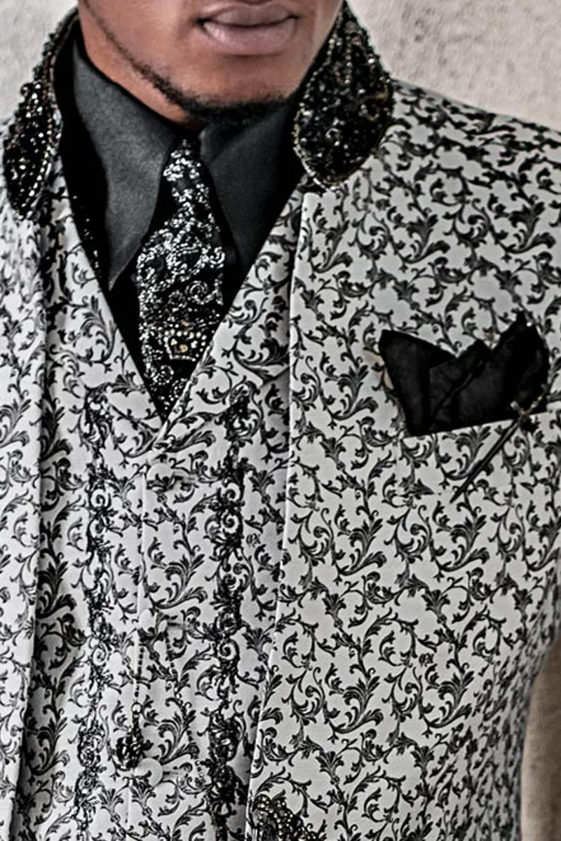 Abito coreano stile gotico damascato bianco e nero con passamaneria cristallo 3