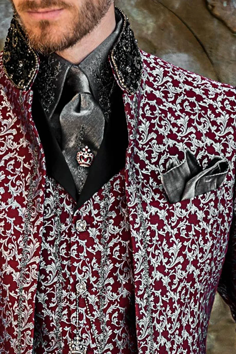 Frac collo mao moda gotica damascato bordeaux con ricamo argento 3