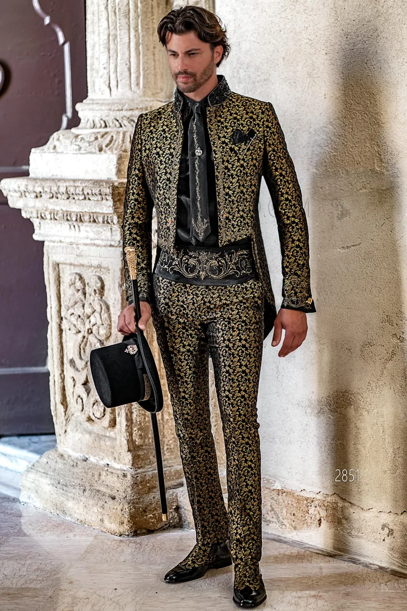 Frac coreana alta moda damascato nero e oro con ricamo gotico dorato – fi