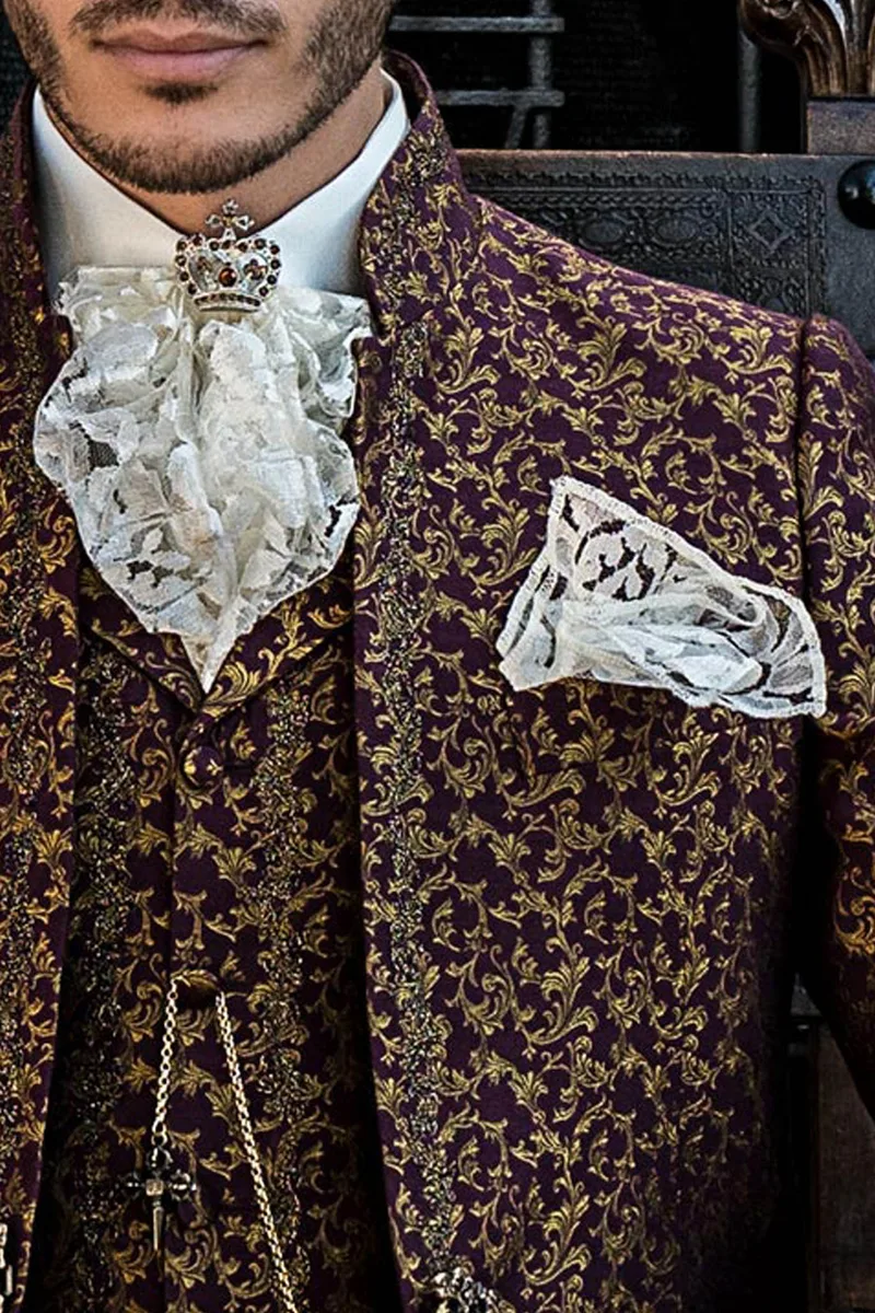 Completo uomo cerimonia barocco damascato bordeaux con ricamo nero-oro 3