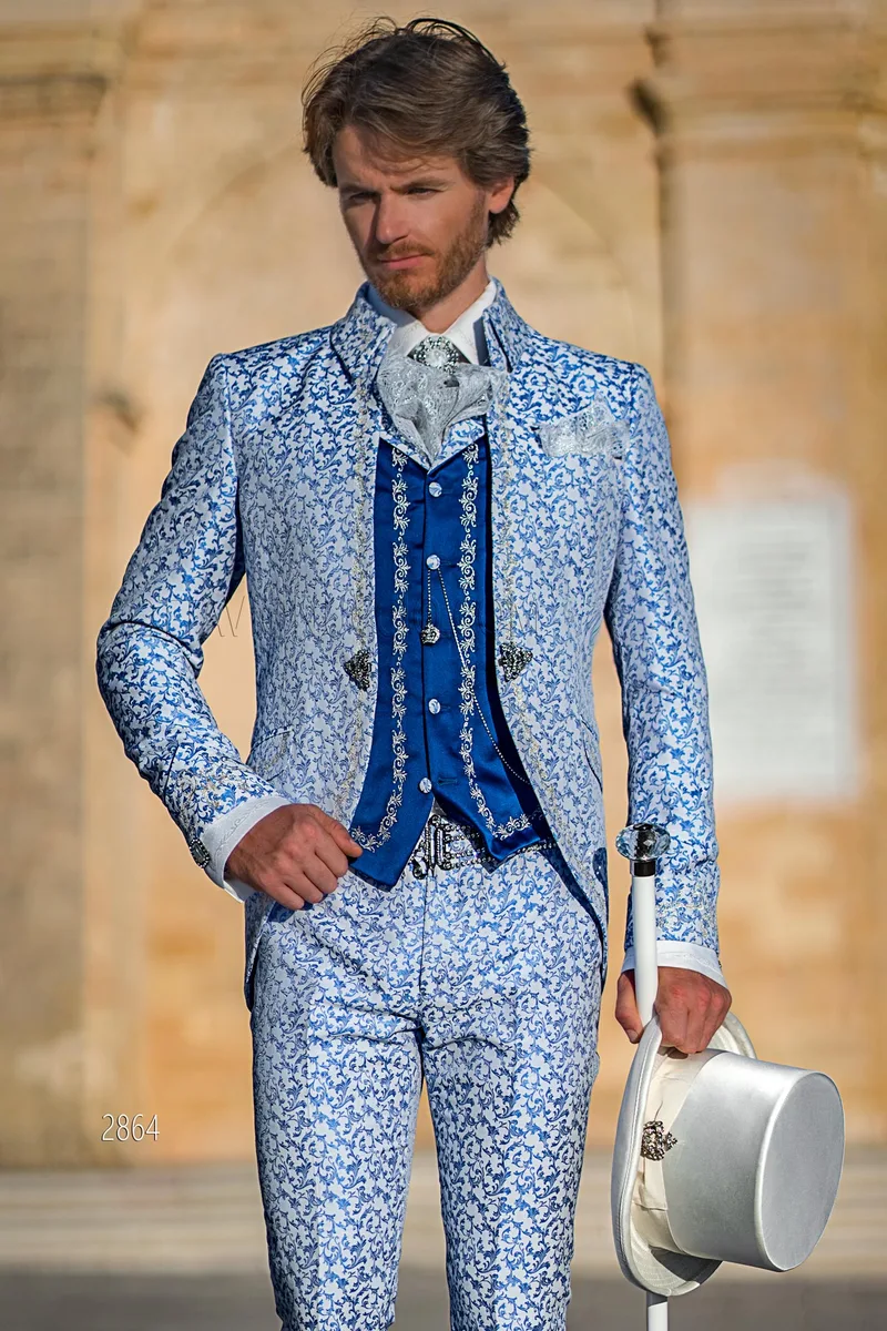 Abito da cerimonia barocco damascato blu royal con ricami argento – pa