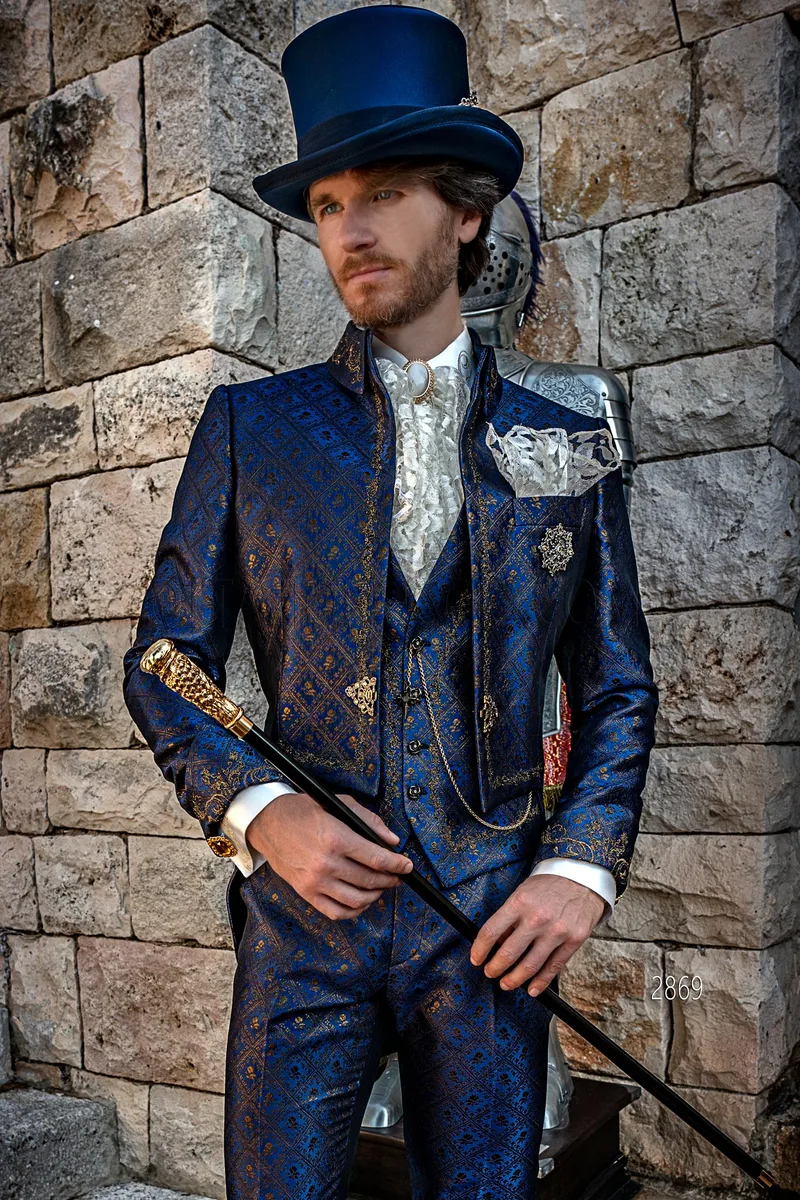Frac cerimonia di lusso broccato blu ricami oro-nero per uno stile particolare – pa