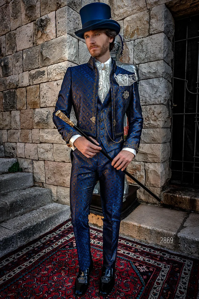 Frac cerimonia di lusso broccato blu ricami oro-nero per uno stile particolare – fi