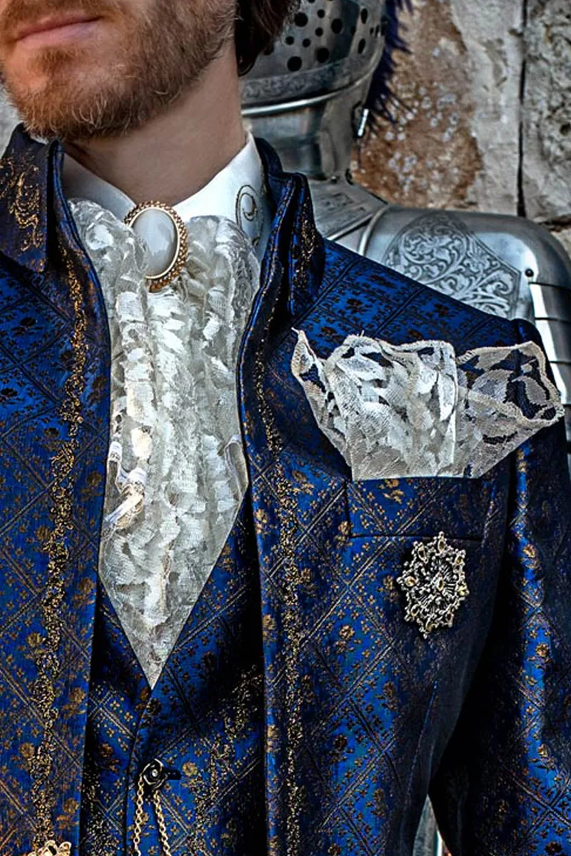 Frac cerimonia di lusso broccato blu ricami oro-nero per uno stile particolare 3
