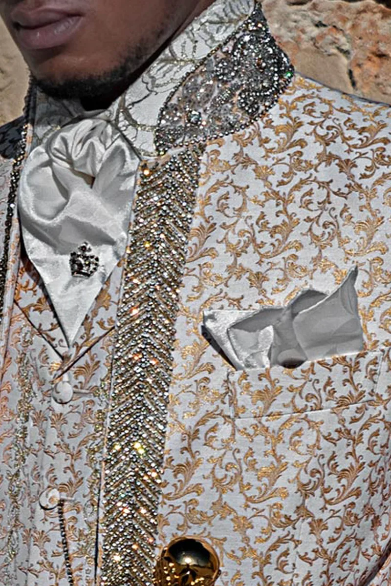 Abito per matrimonio di lusso damascato oro con passamaneria cristallo 3