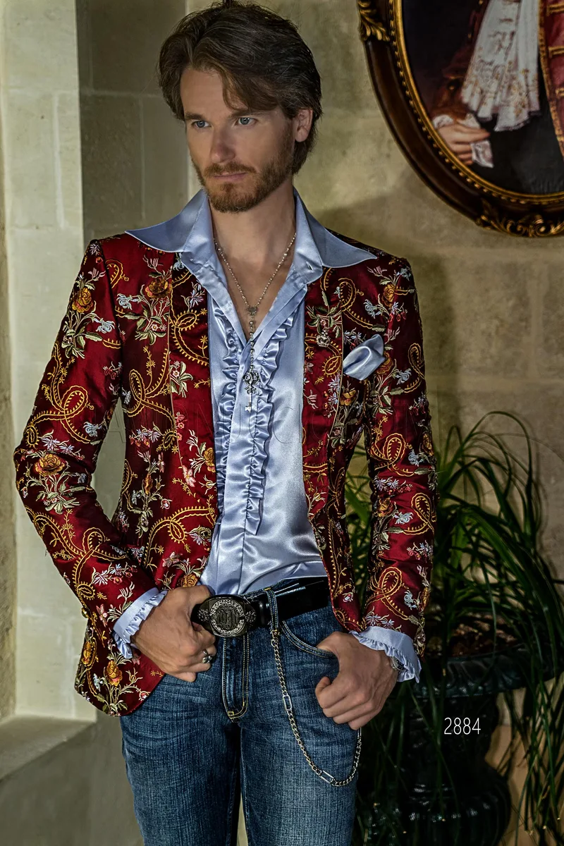 Blazer da uomo in seta shantung rossa con ricamo floreale 1