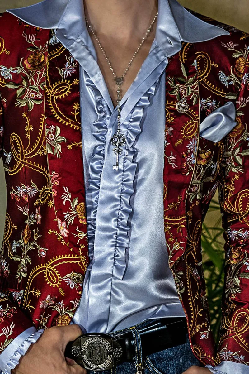 Blazer da uomo in seta shantung rossa con ricamo floreale 2