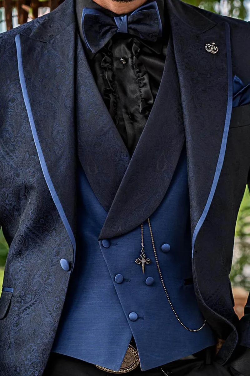 Abito cerimonia uomo stile vintage damascato blu e gilet blu elettrico 2