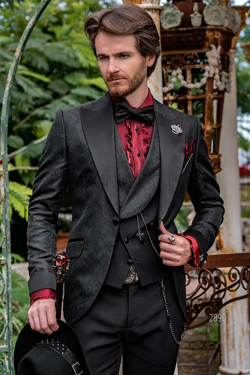 Smoking particolare da uomo stile moderno damascato nero con gilet abbinato 1