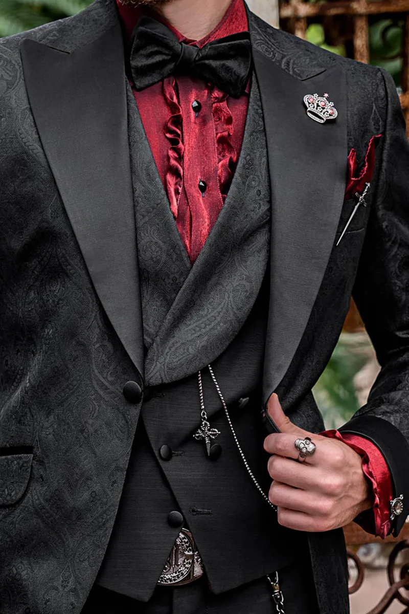 Smoking particolare da uomo stile moderno damascato nero con gilet abbinato 2