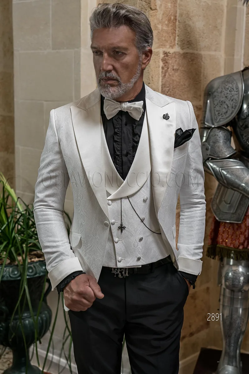 Smoking particolare da uomo stile moderno damascato bianco con gilet abbinato 1