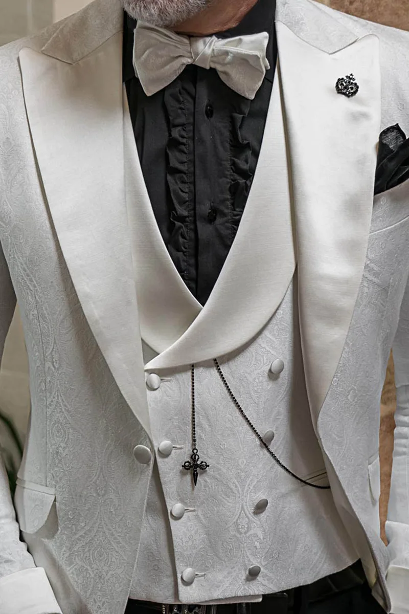 Smoking particolare da uomo stile moderno damascato bianco con gilet abbinato 2