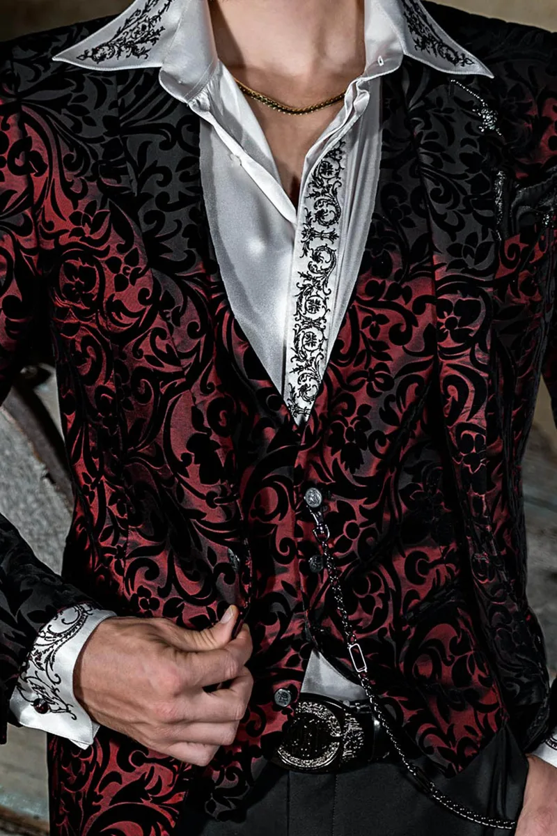 Giacca uomo da cerimonia in velluto nero broccato rosso con disegni floreali 2