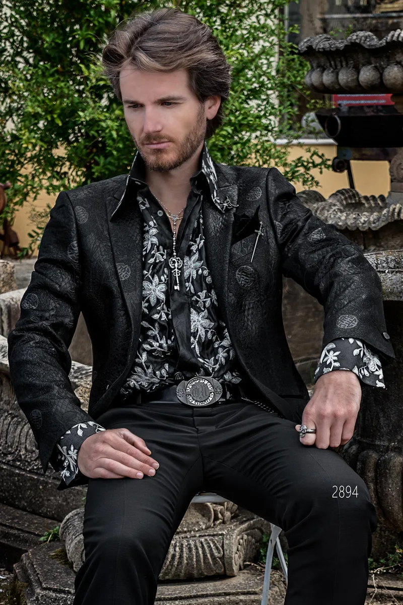 Abito da cerimonia uomo moda con giacca in tessuto broccato nero – pa