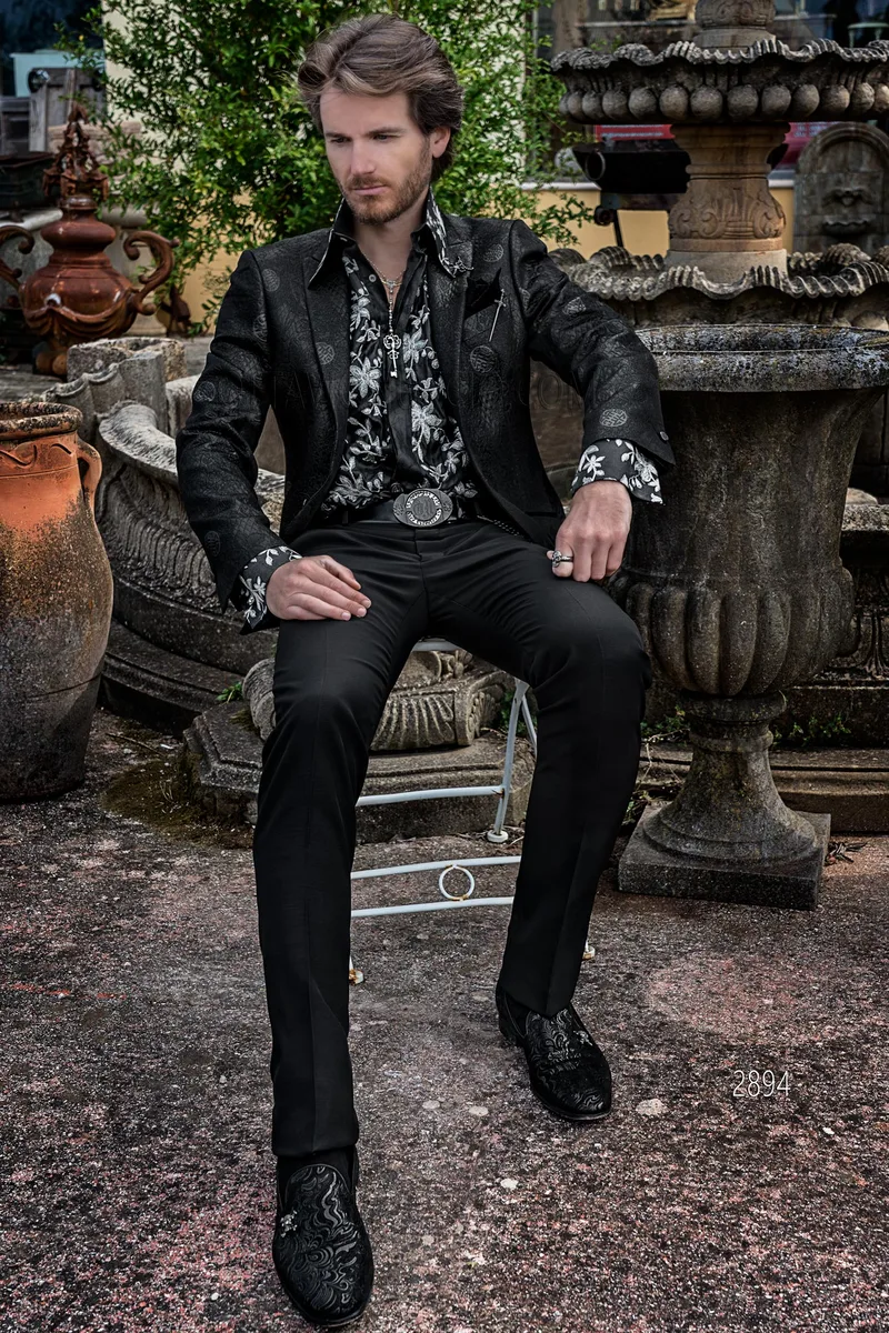 Abito da cerimonia uomo moda con giacca in tessuto broccato nero – fi