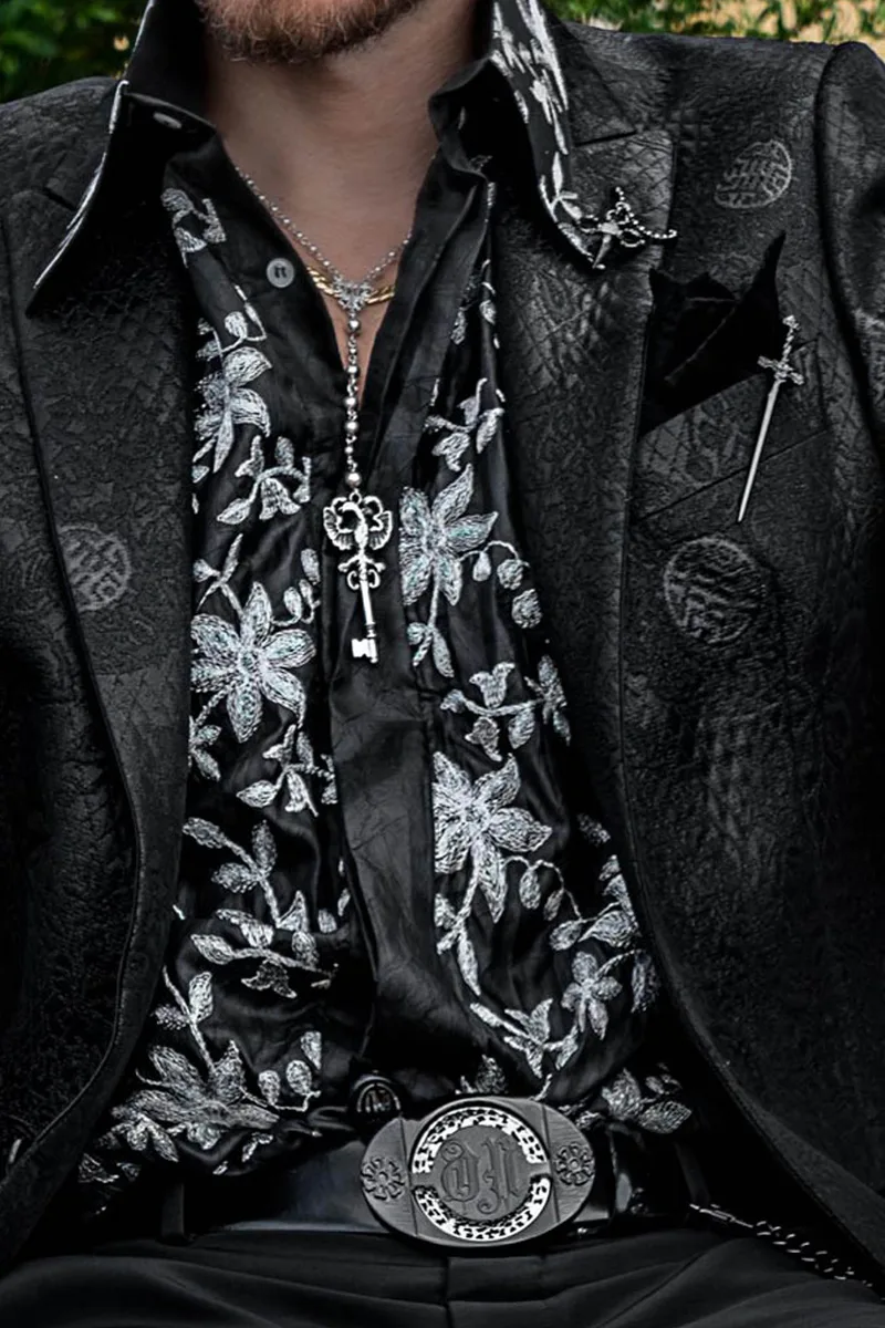 Abito da cerimonia uomo moda con giacca in tessuto broccato nero 3