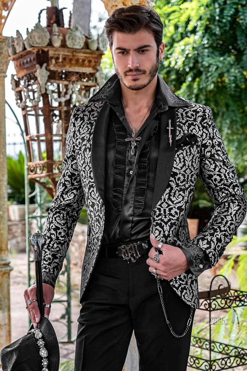 Smoking moda uomo cerimonia broccato nero-argento e pantalone nero 1