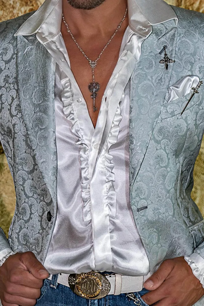 Giacca elegante in tessuto broccato grigio perla per eventi particolari 2