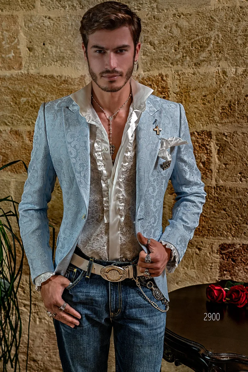 Giacca uomo elegante in tessuto broccato celeste raffinato 1