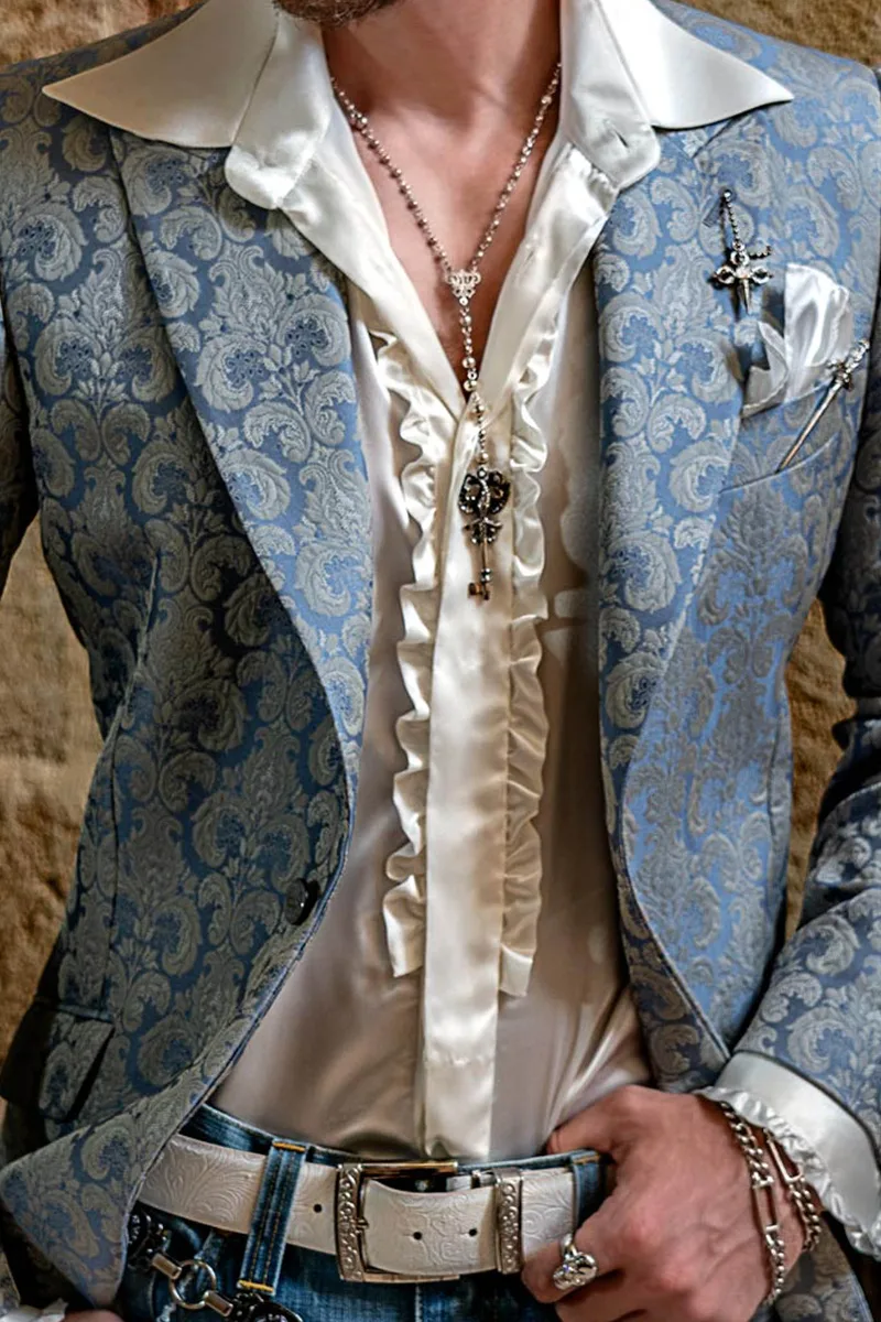 Giacca elegante in tessuto broccato blu con disegno gotico grigio perla 2