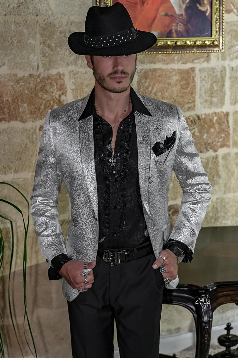 Abito moda uomo per eventi e feste di lusso, giacca broccata argento 1