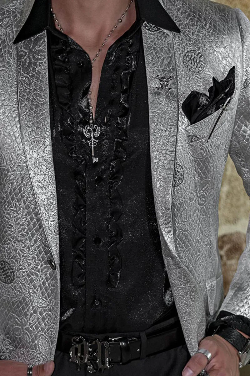 Abito moda uomo per eventi e feste di lusso, giacca broccata argento 2