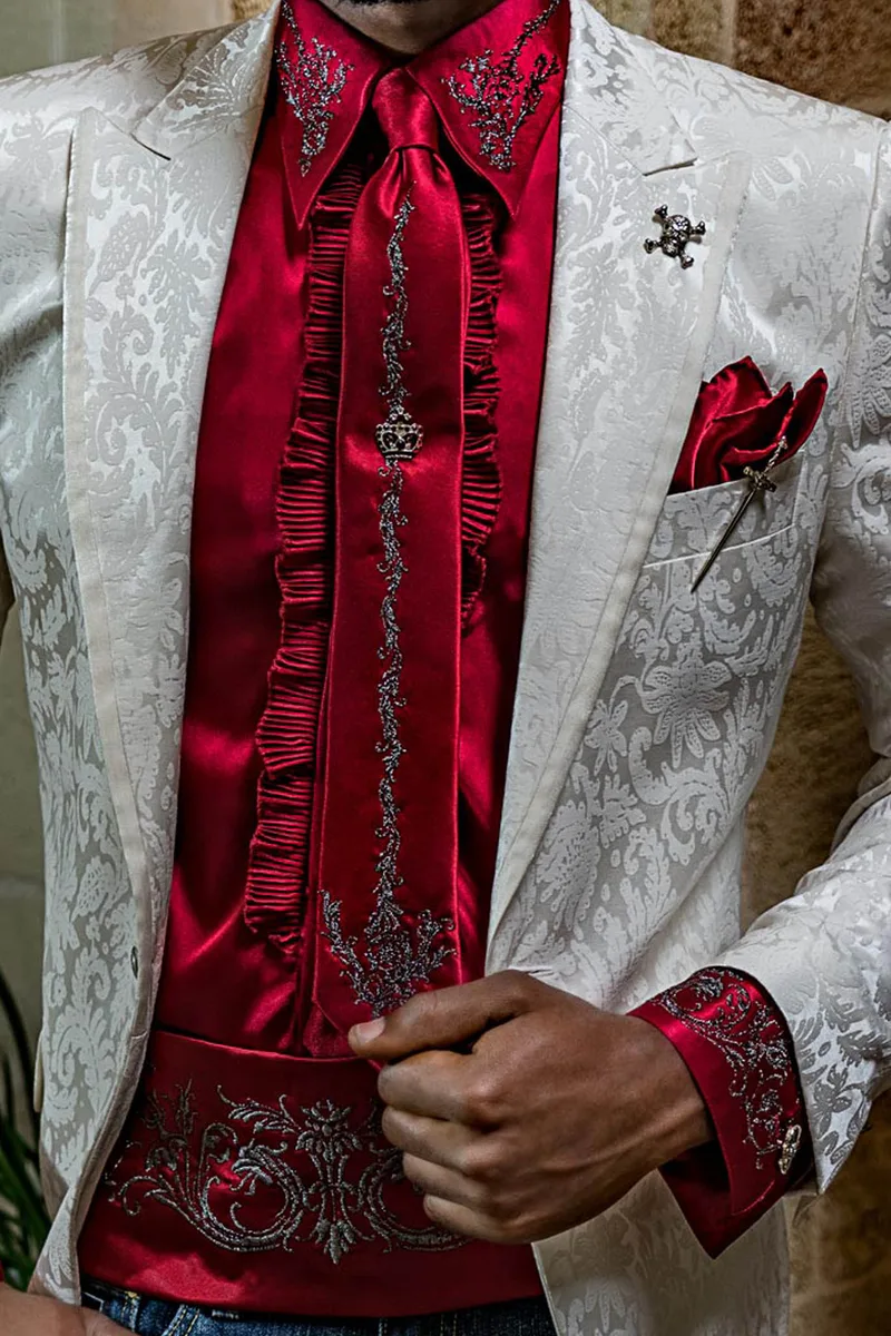 Giacca uomo per eventi e feste di lusso in misto seta damascato avorio 2