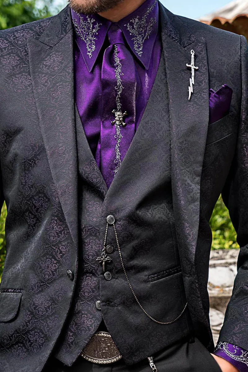 Abito cerimonia moda nero-viola con giacca e gilet in tessuto jacquard 2