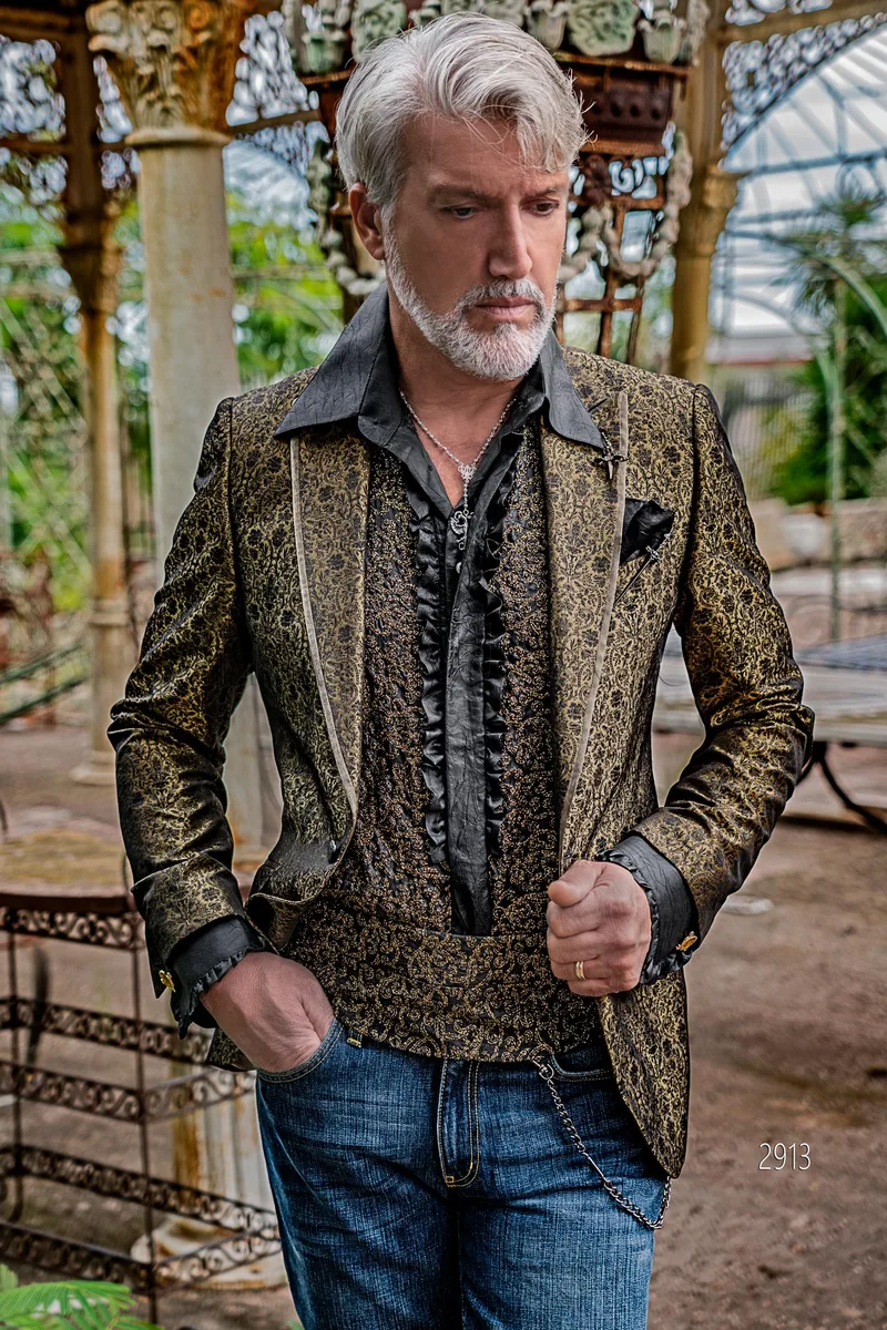 Giacca cerimonia uomo in jacquard oro scuro in stile gotico 1