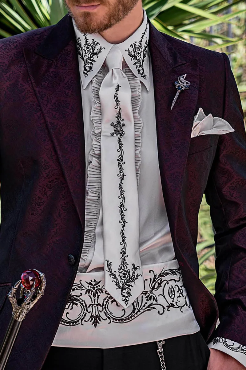 Completo cerimonia moda, giacca jacquard nero-bordeaux e pantalone nero 2