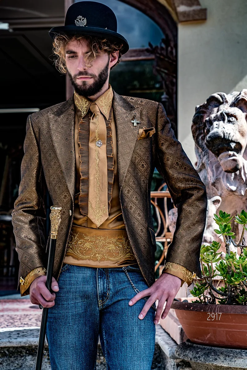 Giacca moda uomo in tessuto broccato bronzo in stile barocco 1