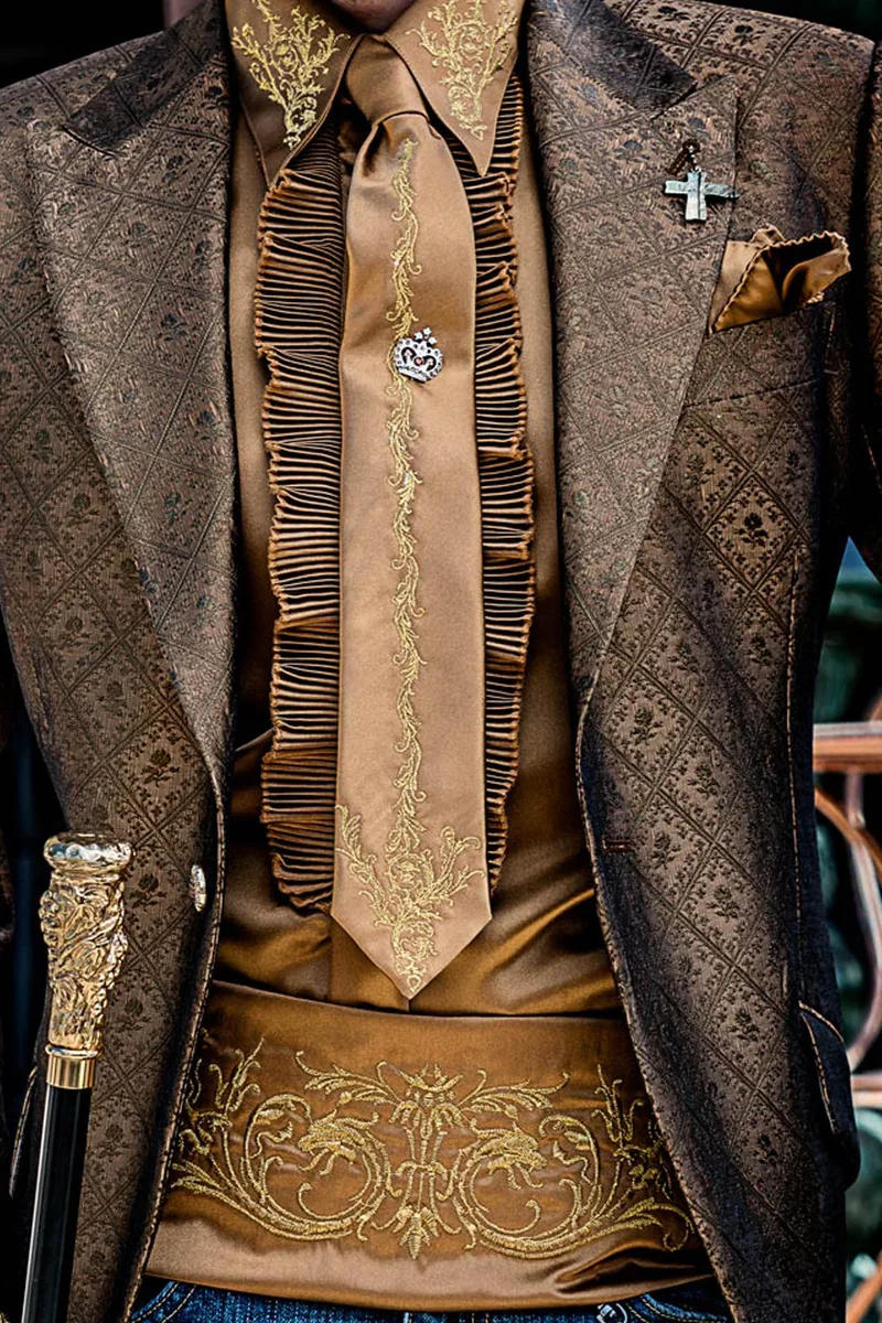 Giacca moda uomo in tessuto broccato bronzo in stile barocco 2