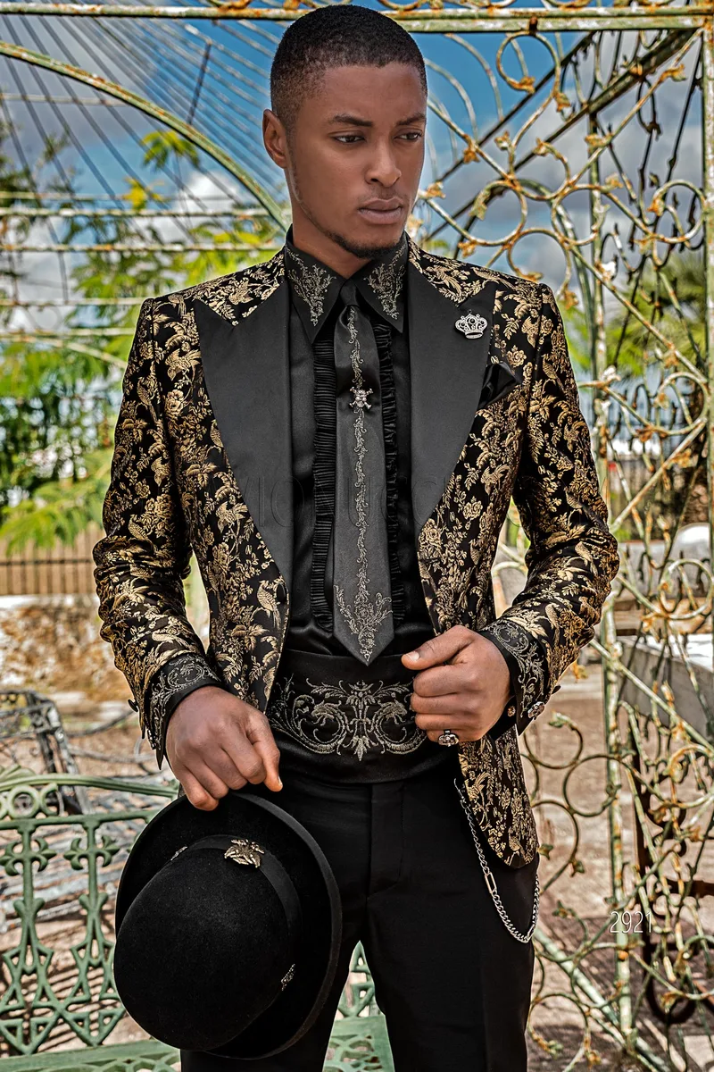 Abito cerimonia uomo con giacca pura seta nero-oro e pantalone nero 1