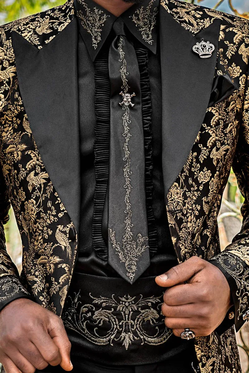 Abito cerimonia uomo con giacca pura seta nero-oro e pantalone nero 2