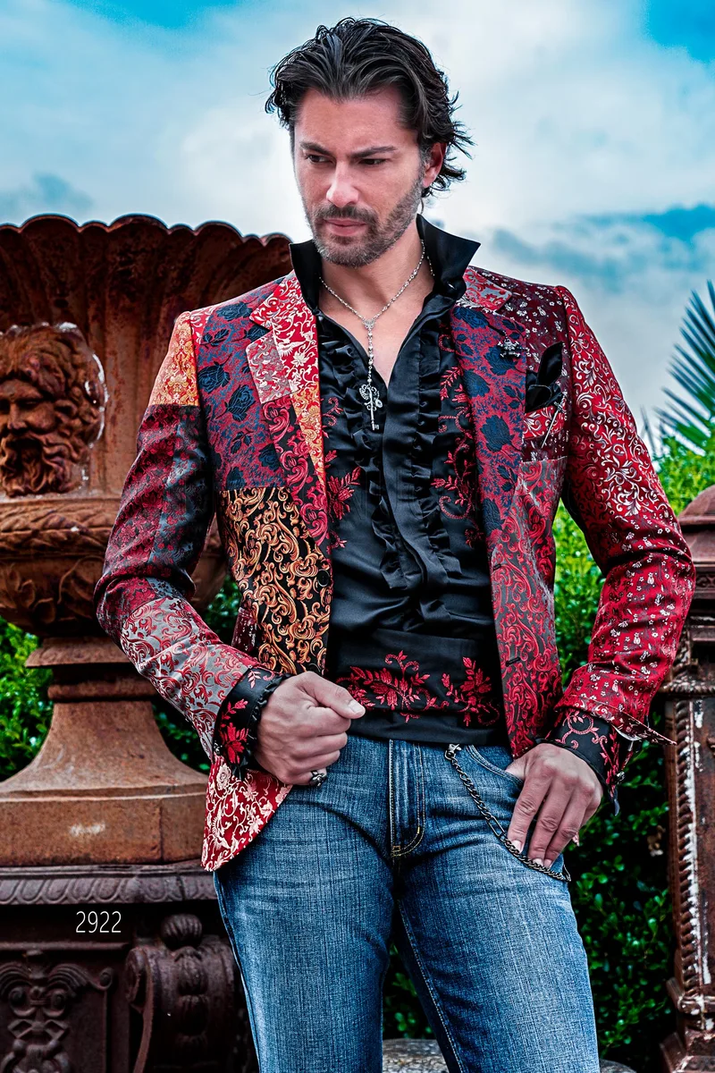 Giacca particolare patchwork in pura seta jacquard sui toni del rosso 1