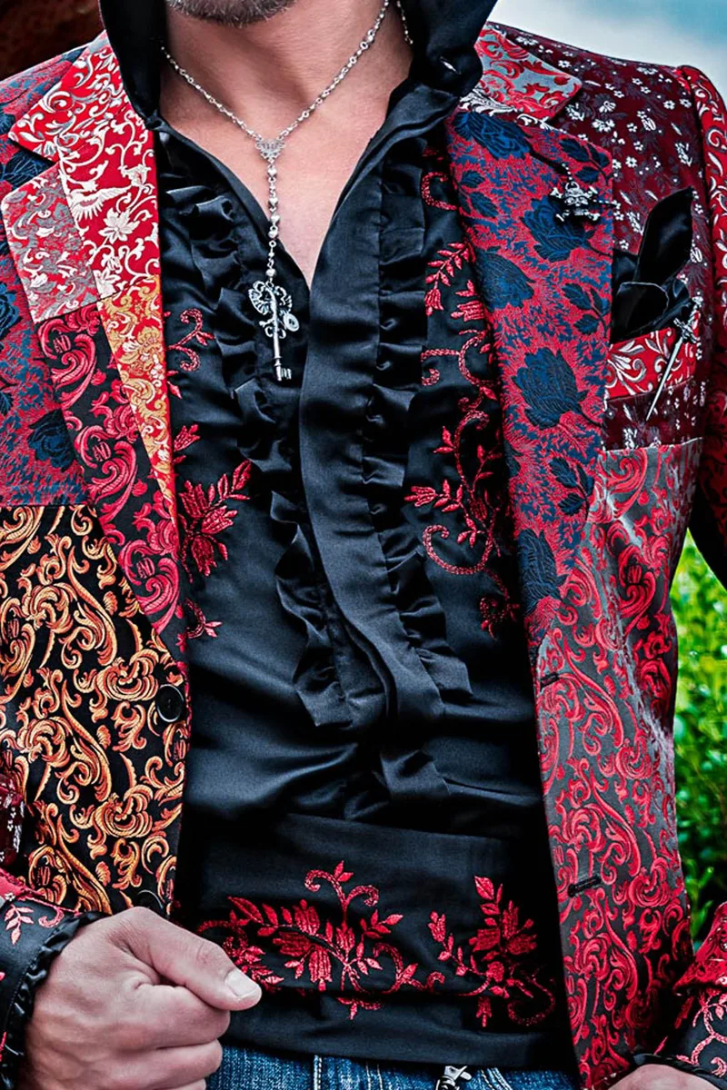 Giacca particolare patchwork in pura seta jacquard sui toni del rosso 2