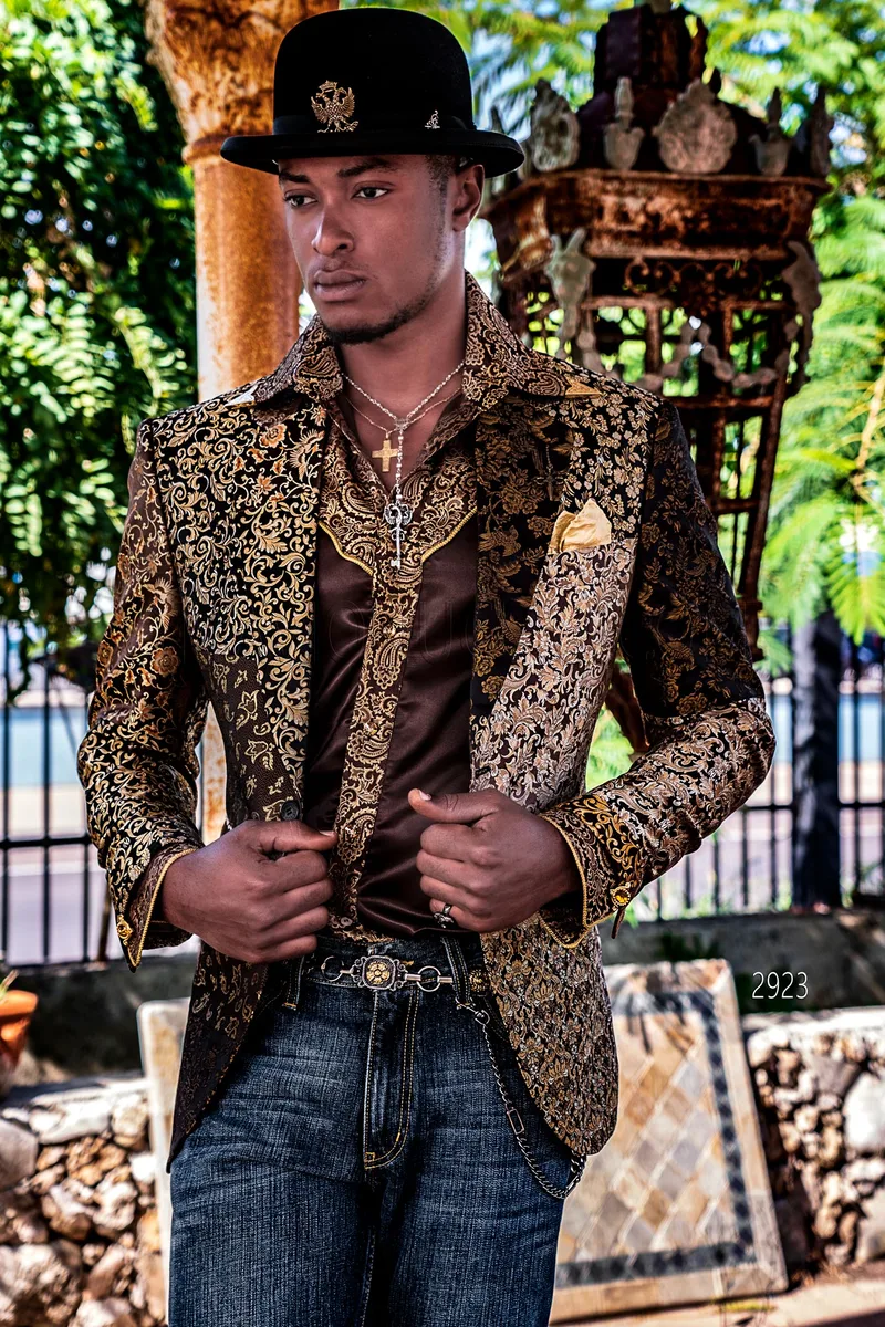 Giacca particolare patchwork in pura seta jacquard nero oro 1