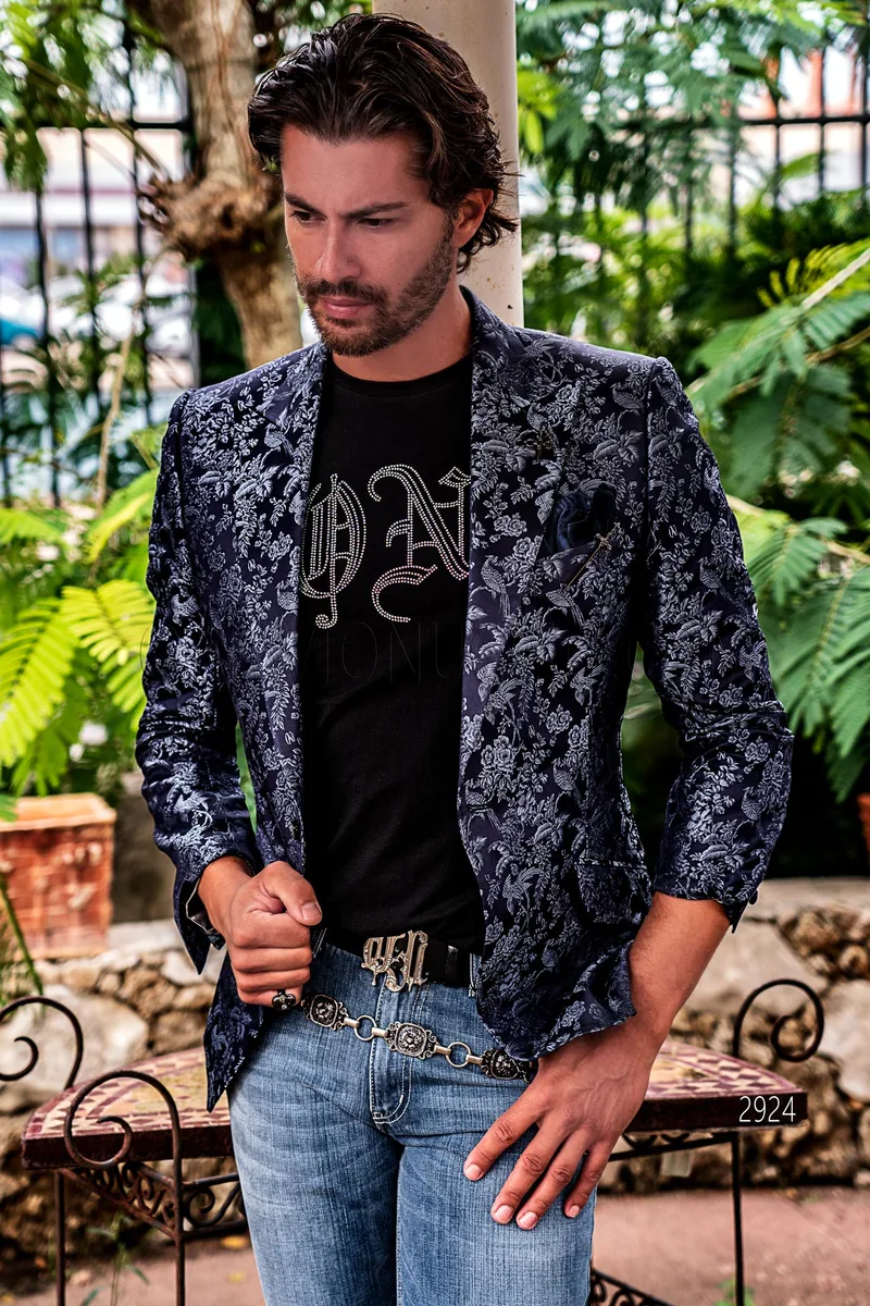 Giacca da uomo moda elegante in pura seta blu 1