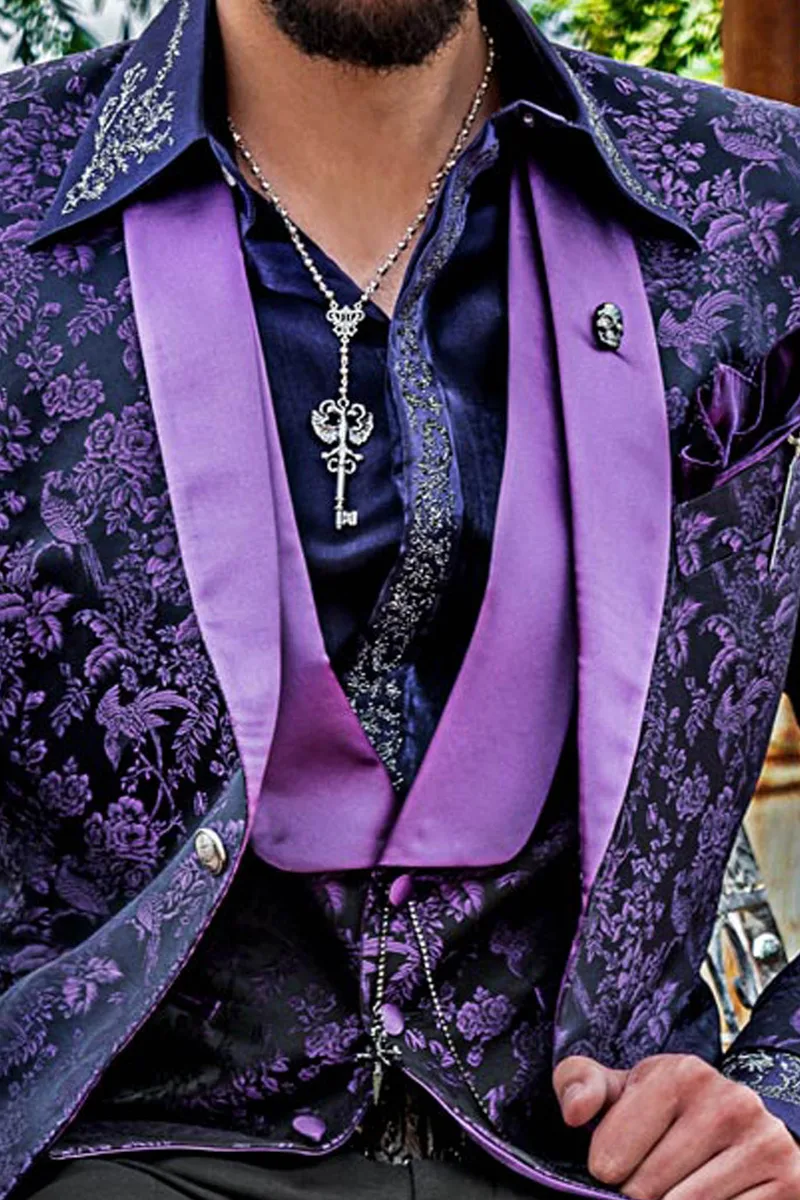 Giacca smoking da uomo in pura seta nero e viola con gilet abbinato 2