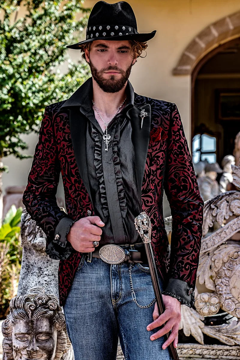 Blazer smoking uomo in tessuto velluto nero rosso con disegni floreali 1