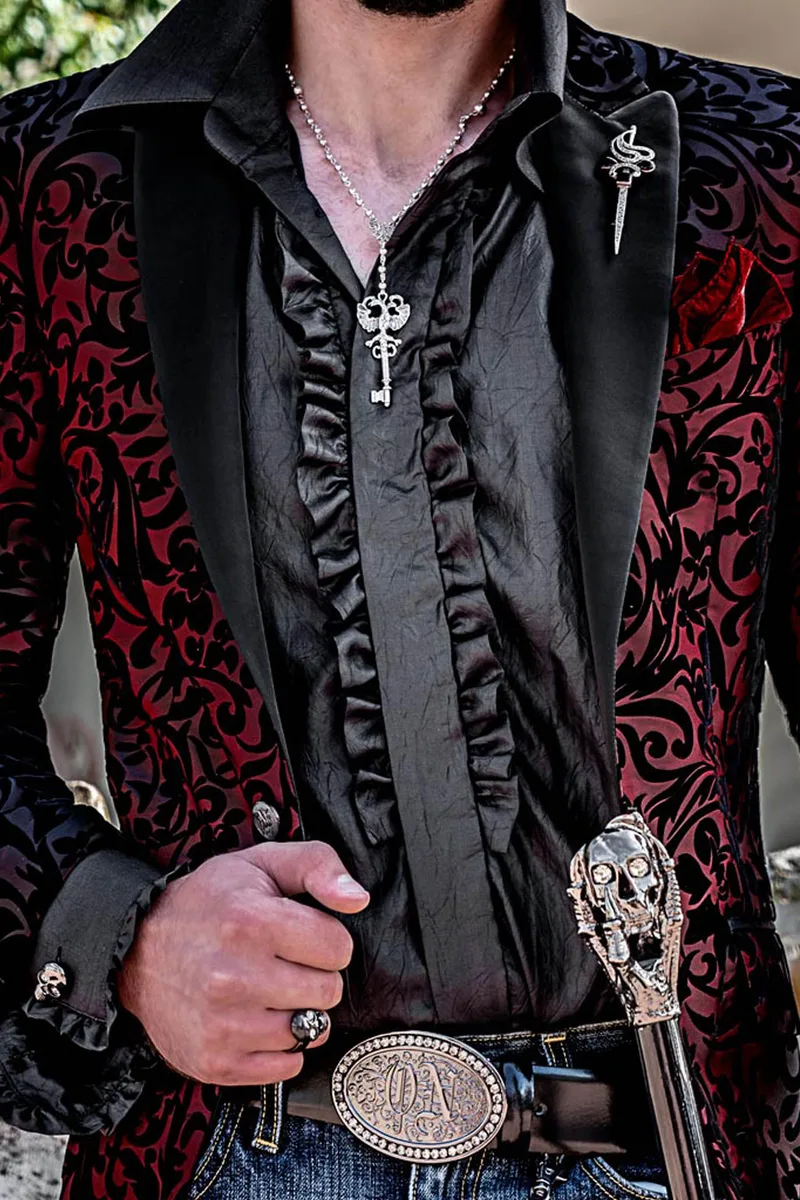 Blazer smoking uomo in tessuto velluto nero rosso con disegni floreali 2