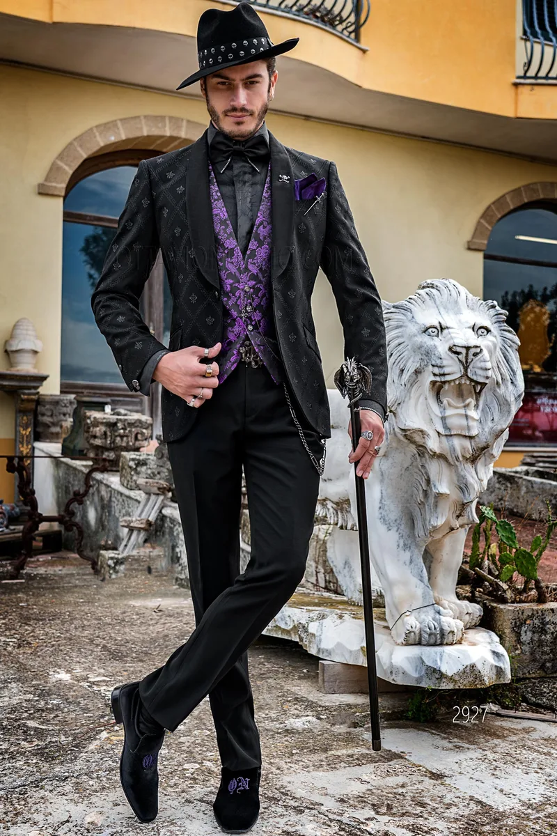 Smoking stile moderno nero ricamato argento con gilet in seta viola – fi