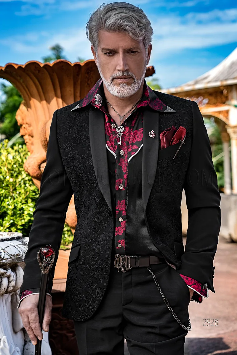 Smoking moda uomo nero ricamato a tono in stile country-chic 1