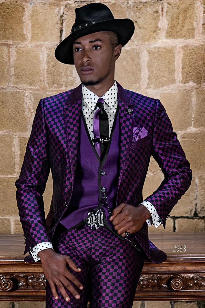 Abito cerimonia uomo stile vintage chic disegno scacchi viola e nero – pa