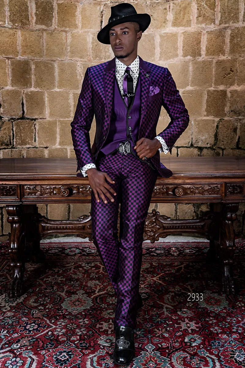 Abito cerimonia uomo stile vintage chic disegno scacchi viola e nero – fi