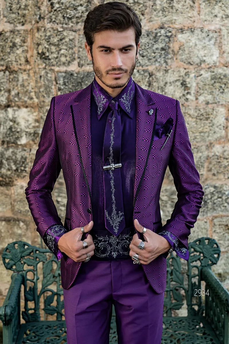 Abito cerimonia stile vintage-chic tessuto optical viola e pantalone in tinta 1