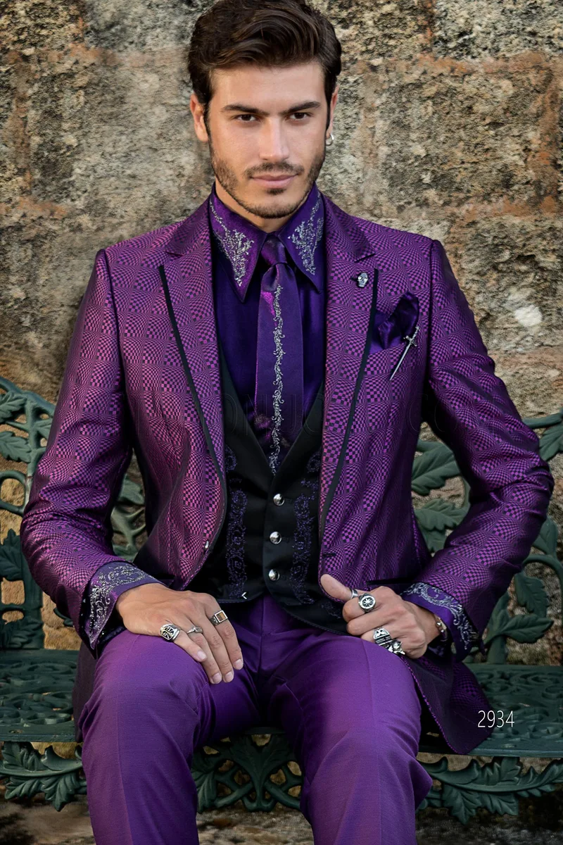 Abito cerimonia stile vintage-chic tessuto optical viola e pantalone in tinta 2