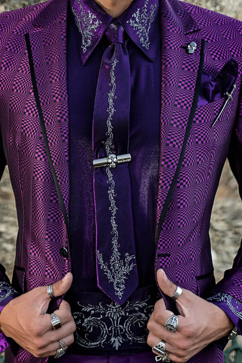 Abito cerimonia stile vintage-chic tessuto optical viola e pantalone in tinta 3