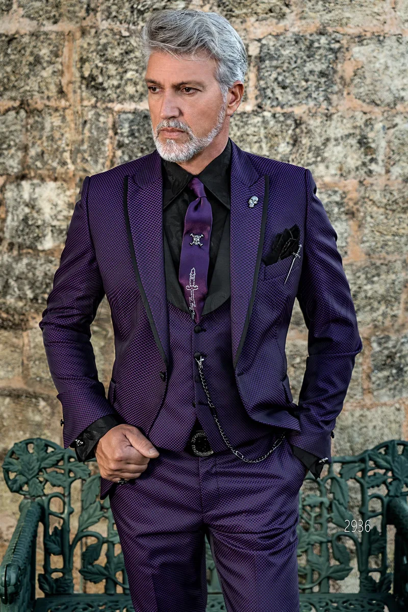Abito cerimonia uomo moda viola microdisegno con inserti neri 1